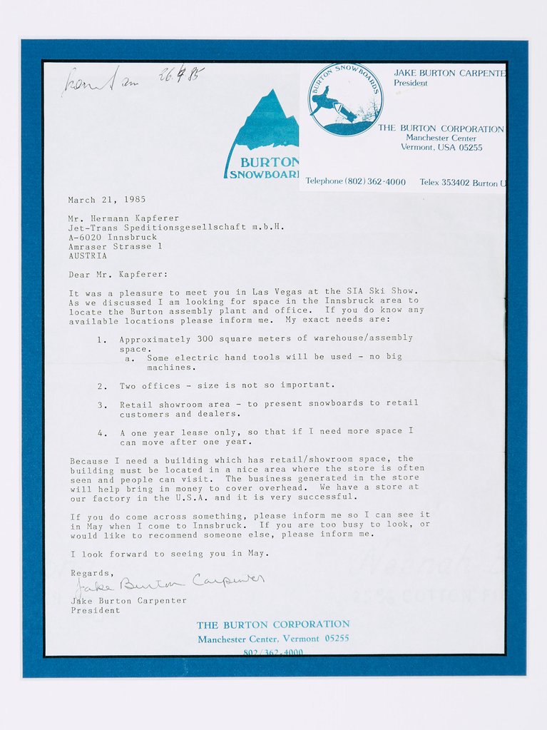 A letter from Jake Burton to Herman Kapferer