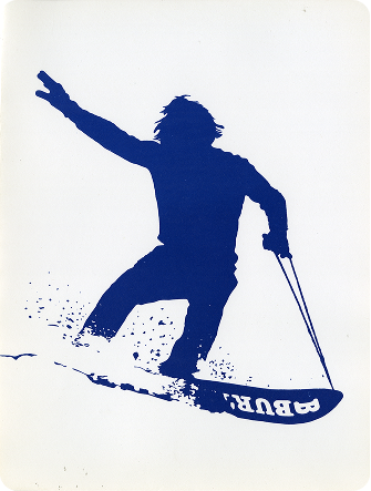 A blue silhouette graphic of a snowboarder in motion on a white background, with the word "BURTON" visible on the snowboard.