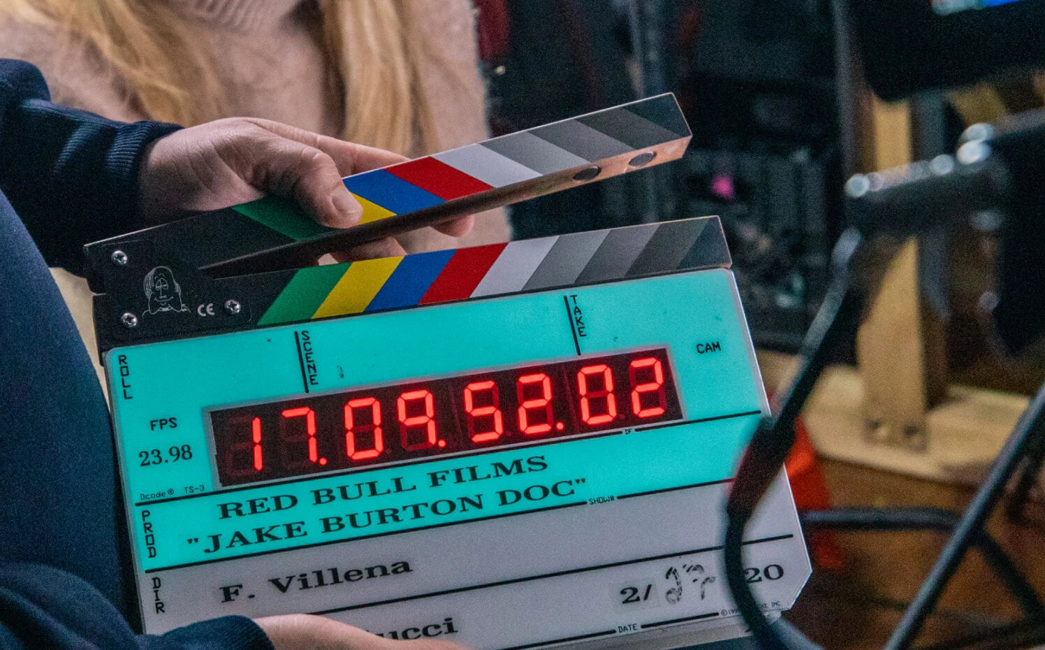 Clapperboard with digital display on a film set