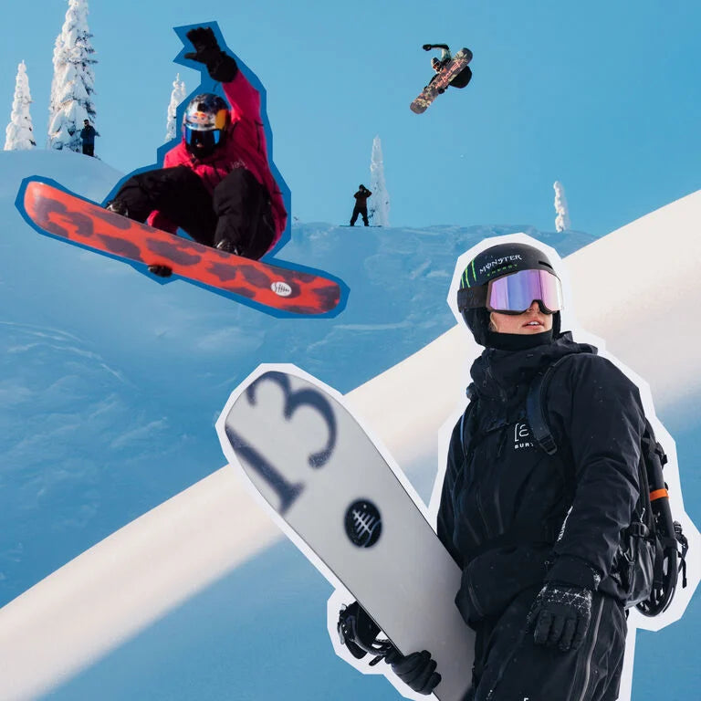 Snowboarder in mid-air with a snowboard and helmet, another snowboarder in the background, against a blue sky.