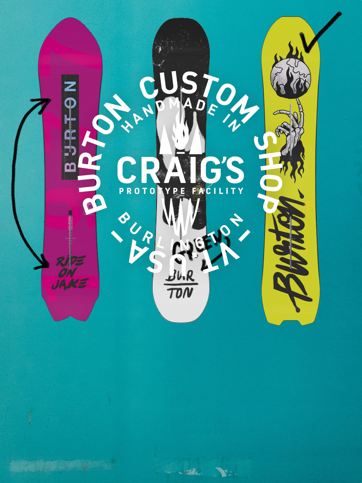 Three Burton snowboard graphics are shown vertically on a turquoise background with large white circular text reading 'BURTON CUSTOM HANDMADE IN CRAIG'S PROTOTYPE FACILITY' and 'BURLINGTON -VT, USA'. The left board is bright pink/magenta, the center board is mostly white with black artwork, and the right board is bright yellow with black artwork and a flame icon. Showing custom snowboards that can be made.