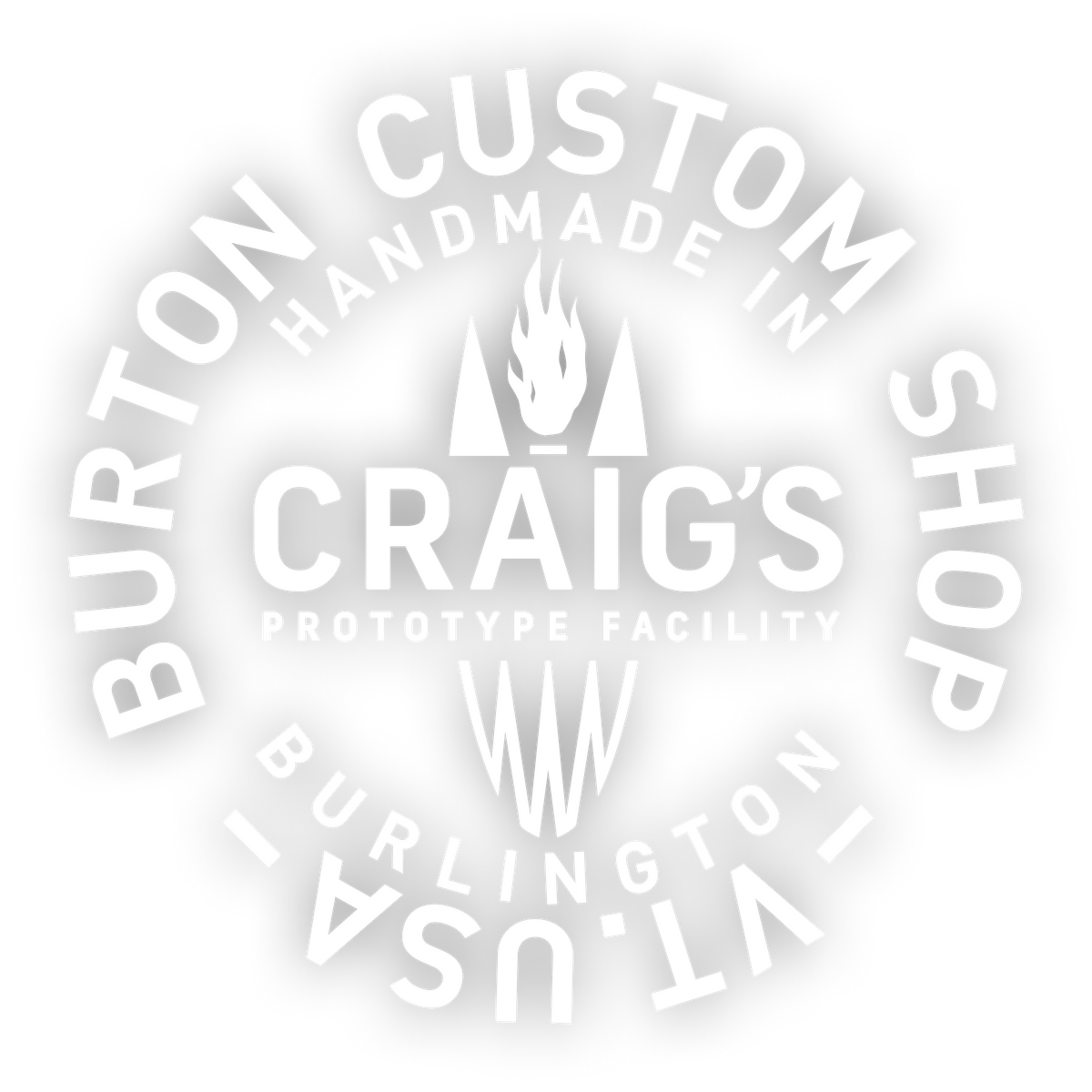 Custom shop logo -  reads "burton custom shop - craig's prototype facility -  handmade in burlington, vt, USA"