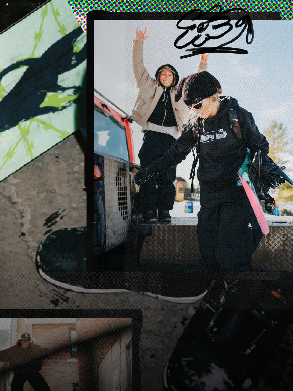 snowboarders in a truck
