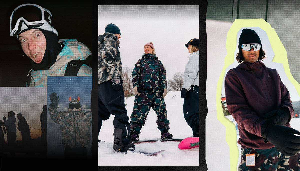 A collage of different images of professional riders wearing the new colors of the Burton Reserve Collection.