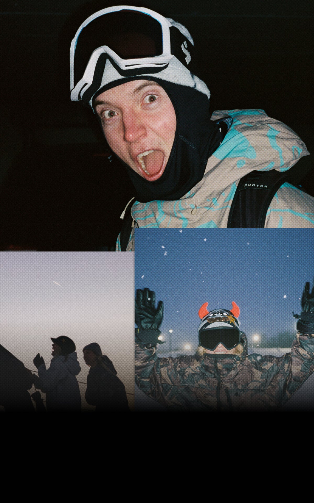 A collage of different images of professional riders wearing the new colors of the Burton Reserve Collection.