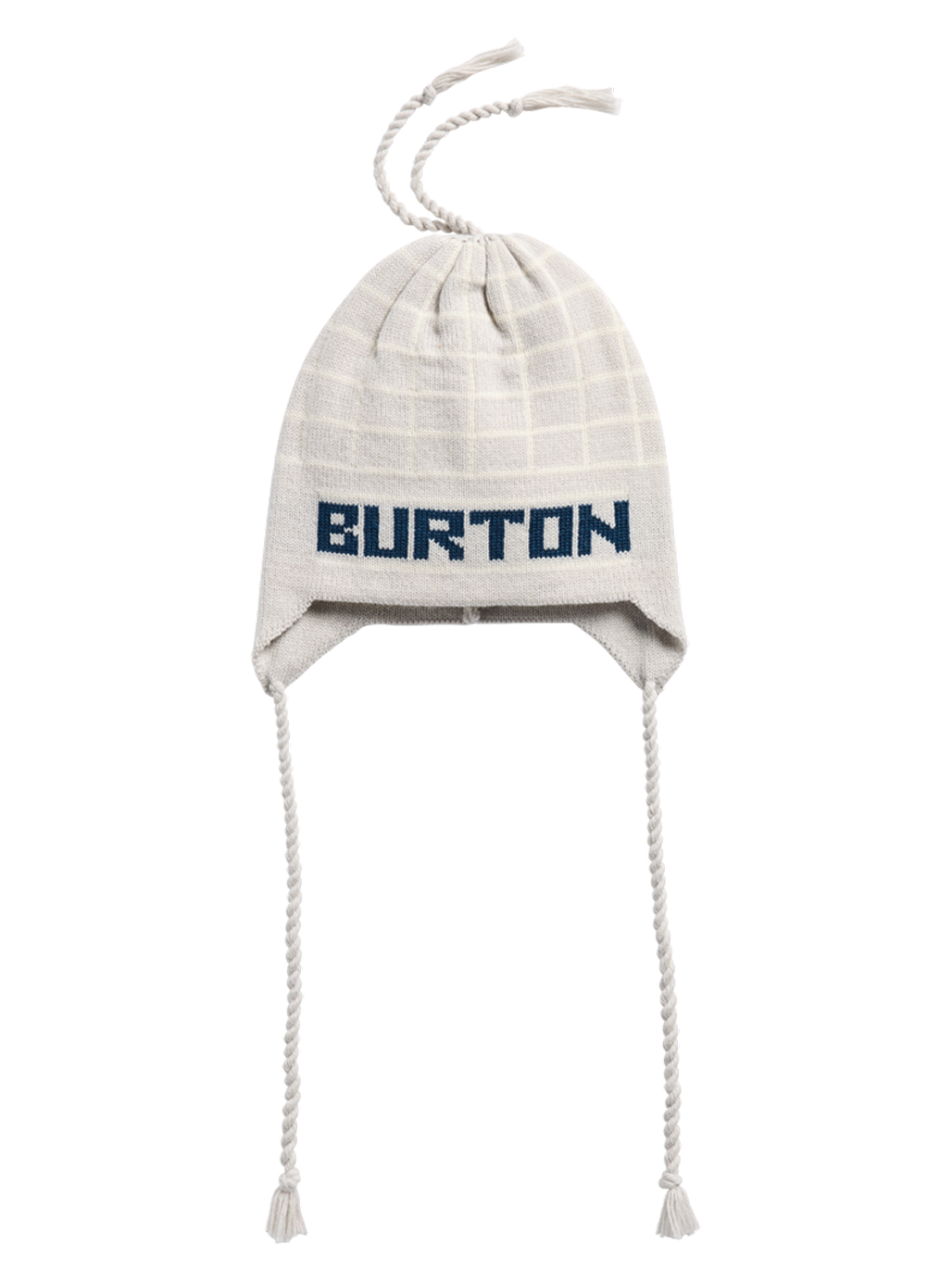 A light beige knit winter hat with a subtle grid pattern, featuring the brand name 'BURTON' in navy blue text across the front. The hat has ear flaps with long braided drawstrings and a matching braided top loop, shown against a plain white background.