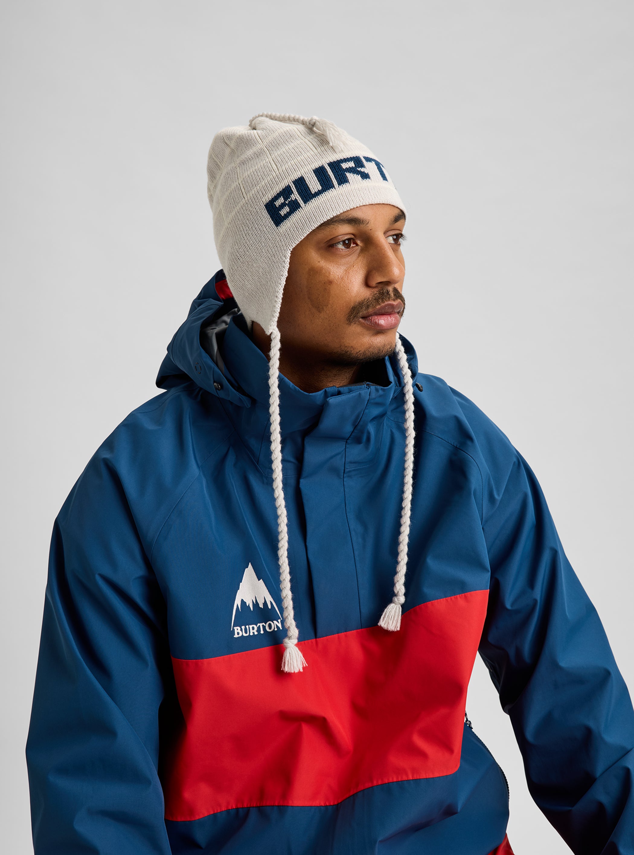 Product image of Burton 50th 80's Earflap Beanie[Variant:Gray Heather / Stout White / Selvedge Blue]