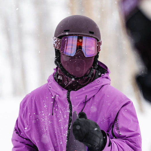 Person wearing "Deep Cherry" Helmet and Goggle Colorway