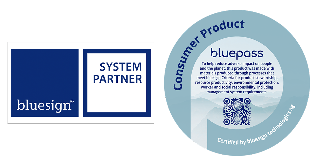Bluesign System Partner logo and bluepass consumer product label