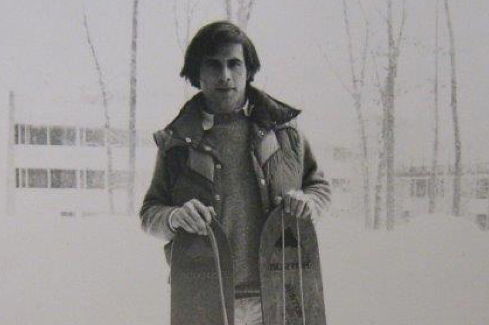 Young Jake Burton Carpenter in 1979, posing with Burton Backhill and Burton Backyard boards.
