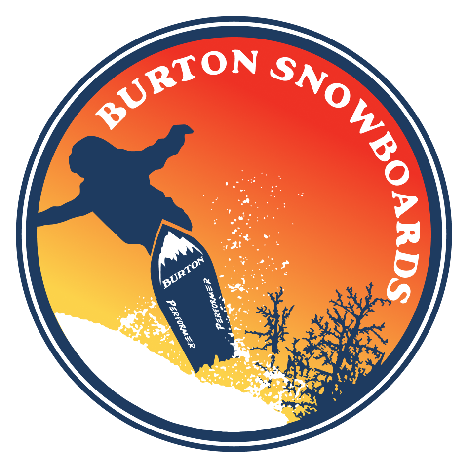 A circular graphic logo for Burton Snowboards, featuring a snowboarder in dark blue mid-air over a snowy slope with trees, set against an orange-to-yellow gradient background. The words 'BURTON SNOWBOARDS' curve along the top, and 'BURTON Performer' appears on the snowboard.