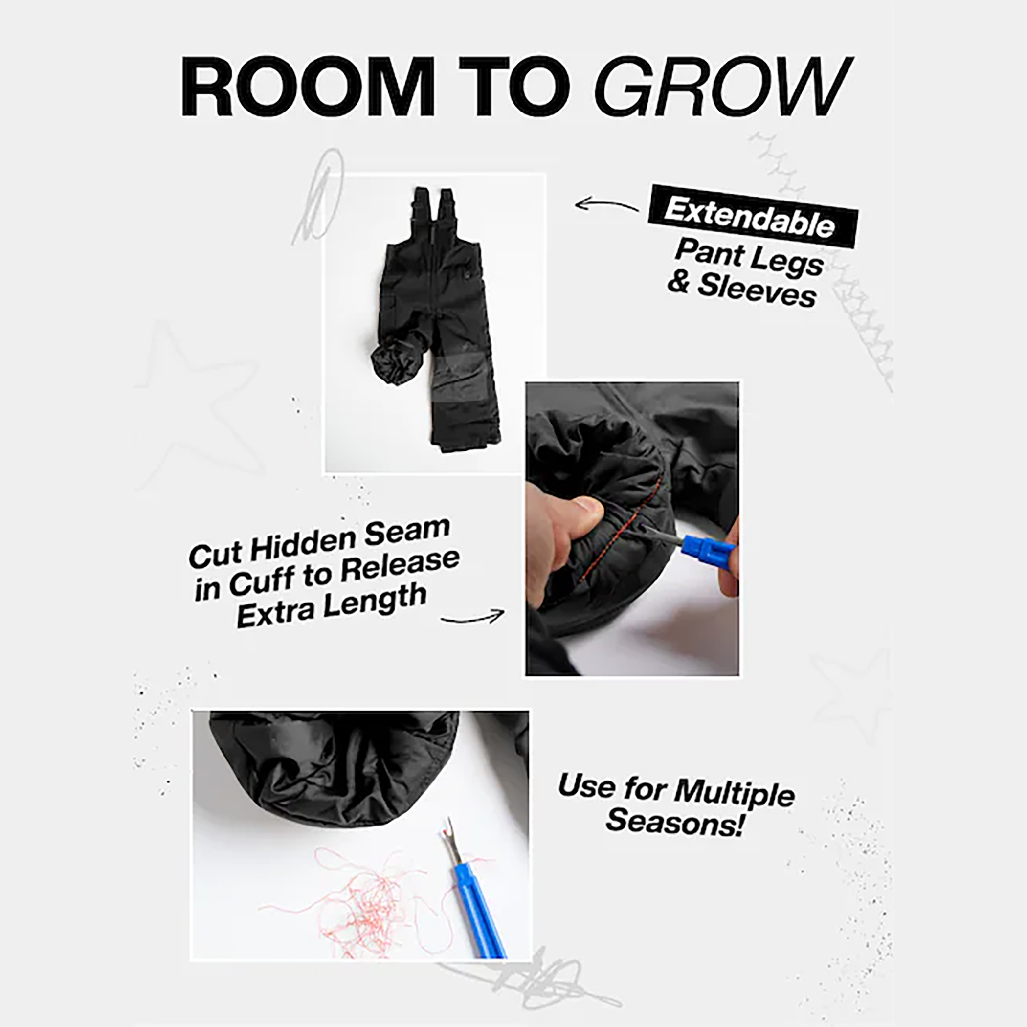 infographic showing Burton room to grow features such as: extendable pant legs 