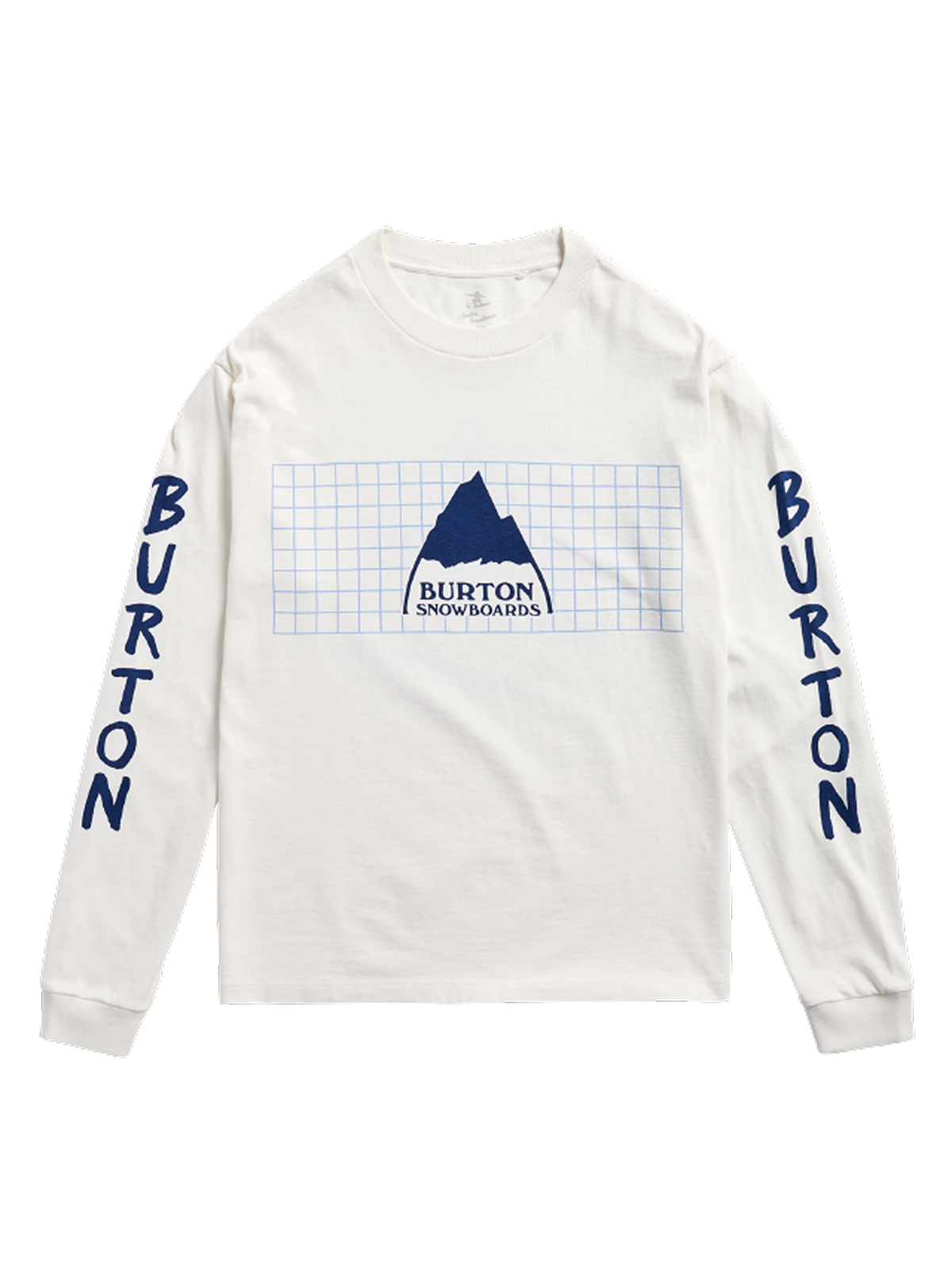 An off-white long-sleeve t-shirt with a blue grid pattern and a mountain logo on the chest, featuring 'BURTON' printed vertically in blue on both sleeves.
