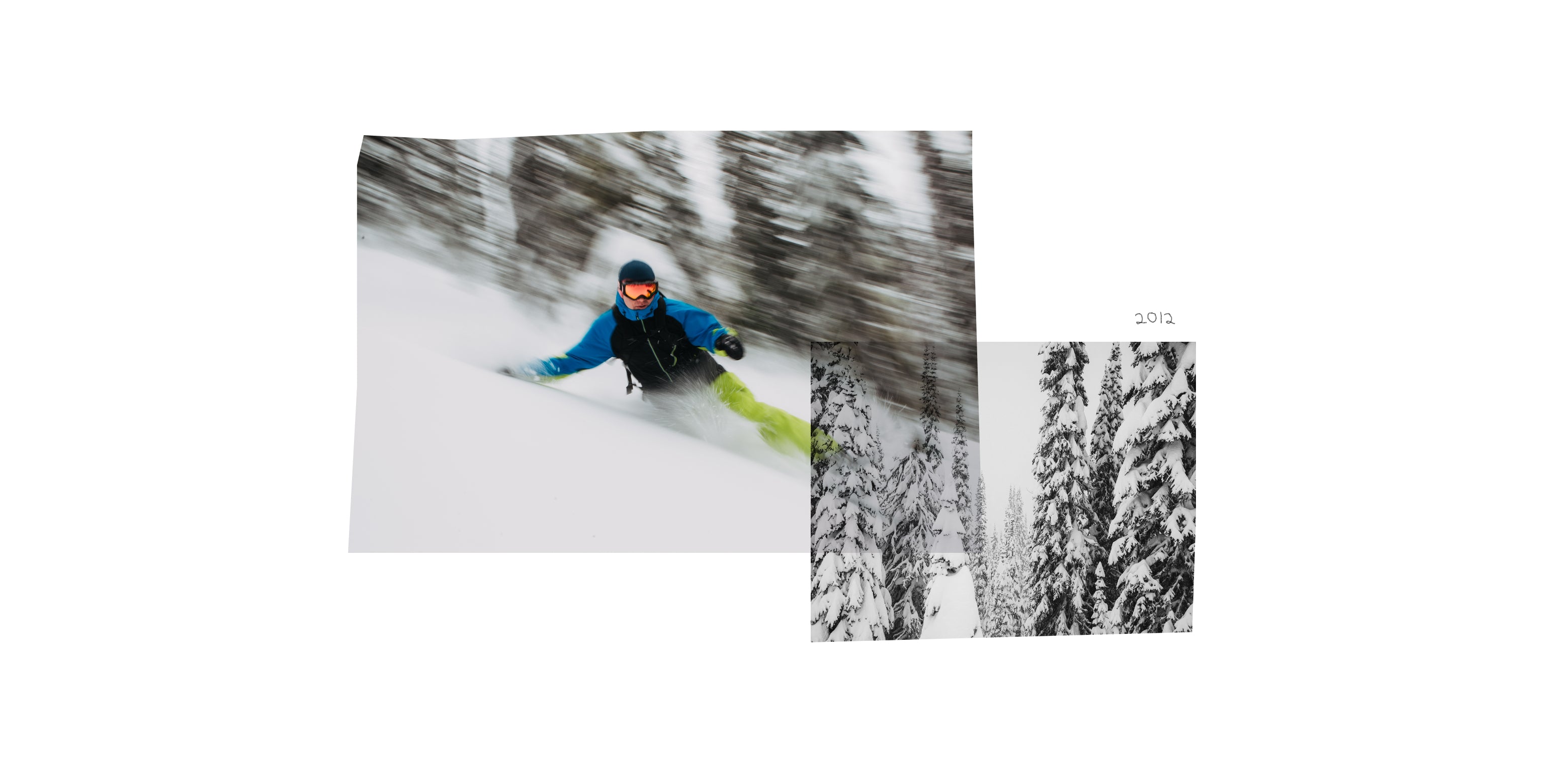 Photo collage of Jake Burton Carpenter riding powder in 2012