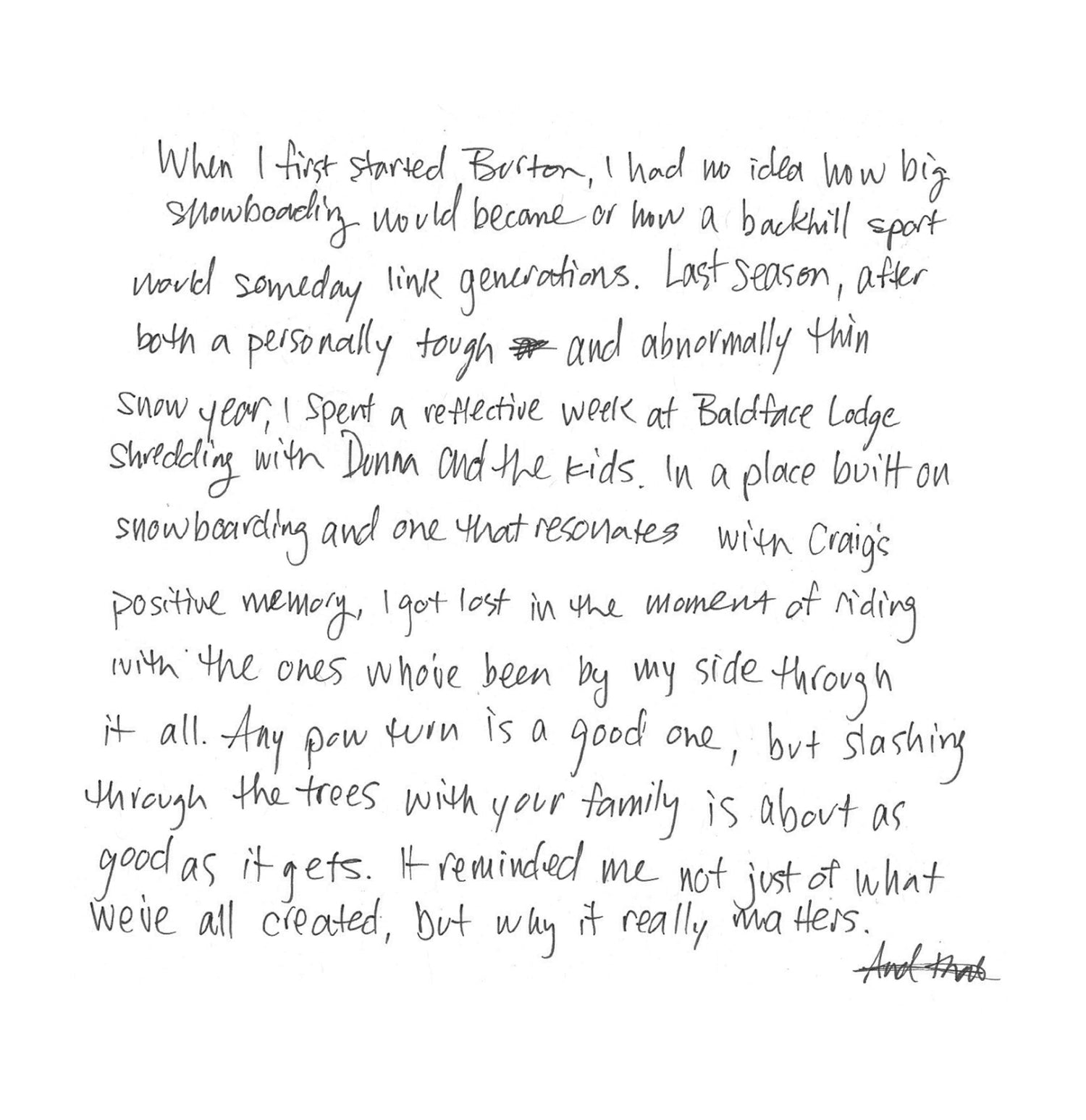 Handwritten words by Jake Burton Carpenter reflecting on how snowboarding connects generations through shared experience