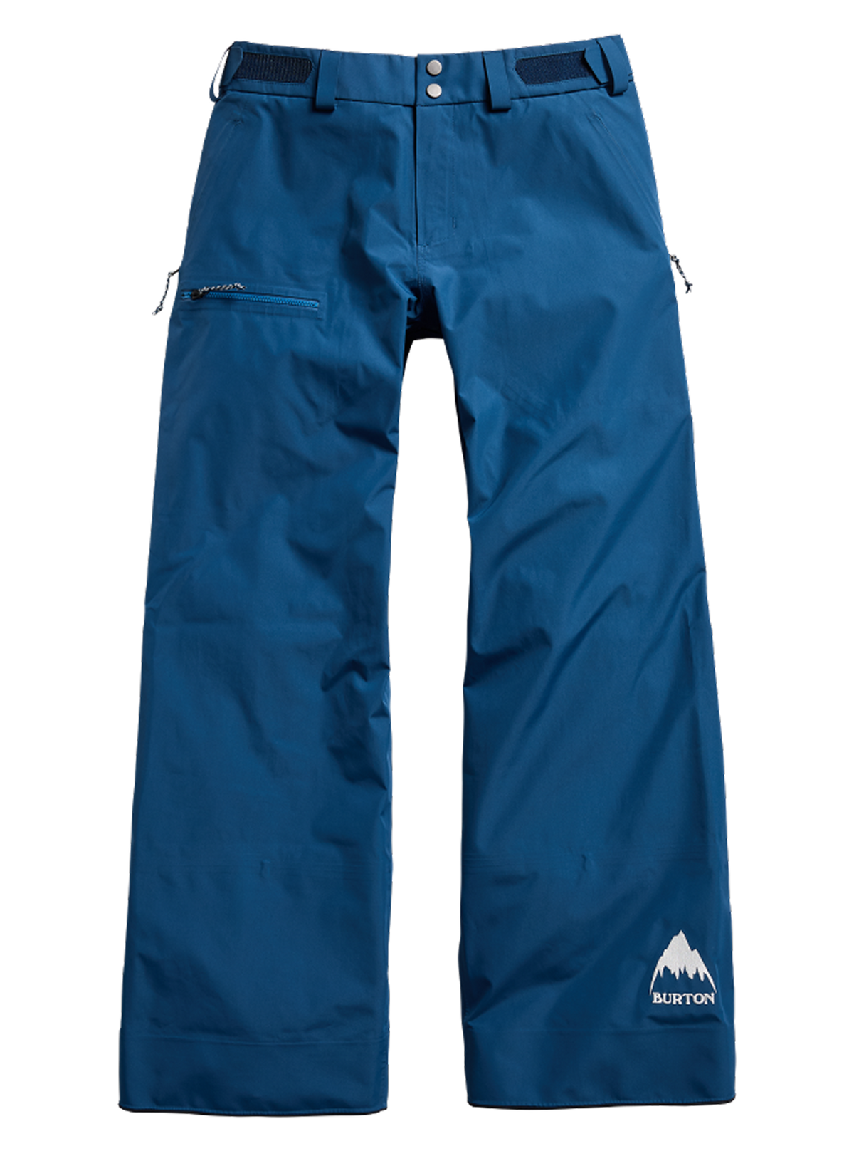 A pair of Burton snowboard pants in a deep teal blue color, featuring a white Burton logo on the lower left leg and zippered side pockets, shown against a plain white background.