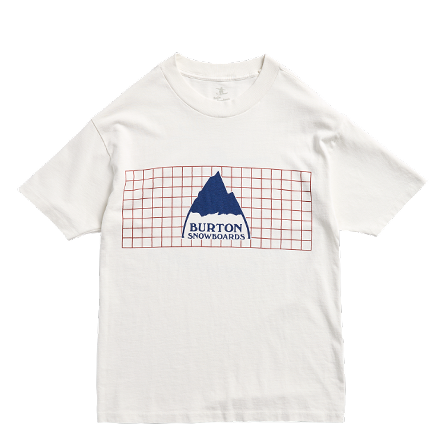 An off-white short-sleeve t-shirt featuring a red grid graphic with a blue mountain logo and the text 'BURTON SNOWBOARDS' printed on the chest.