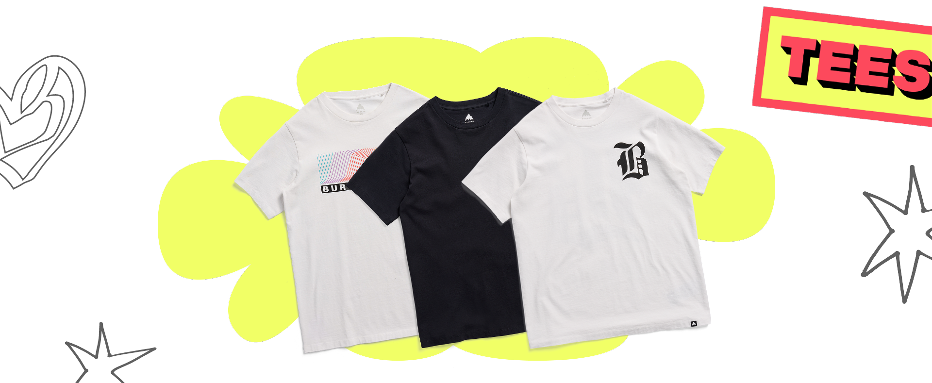 Three t-shirts on a white and yellow background with 'TEES' branding.