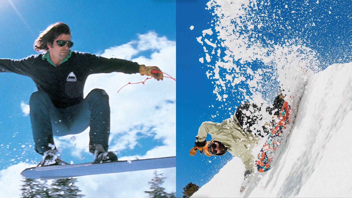 Split screen image of a historical image of Jake Burton snowboarding next to a photo of a modern-day snowboarder doing a lip slash