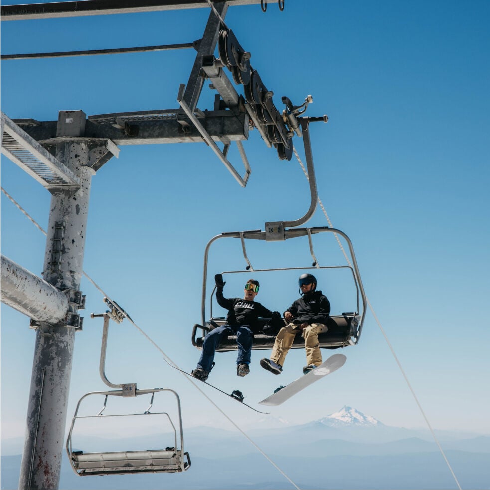 Two people riding a chair lift