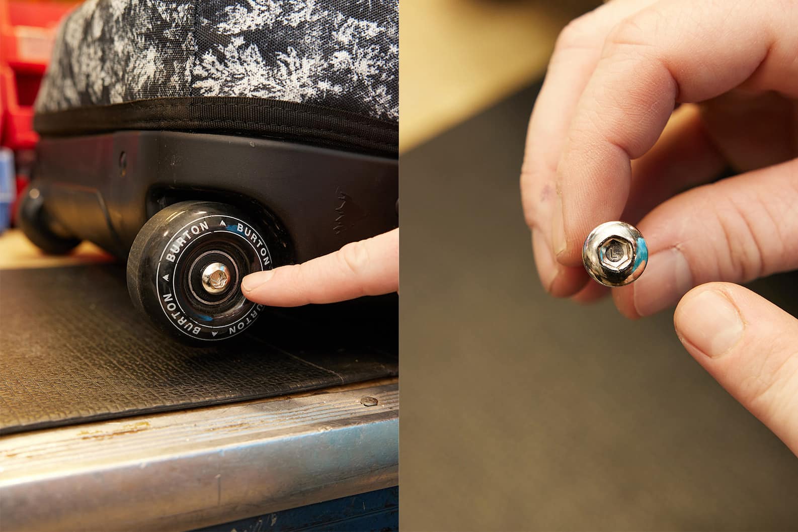 Burton luggage wheel replacement instructions: Identify left axle