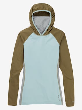 Women's Burton Midweight X Base Layer Long Neck Hoodie shown in Martini Olive / Ether Blue